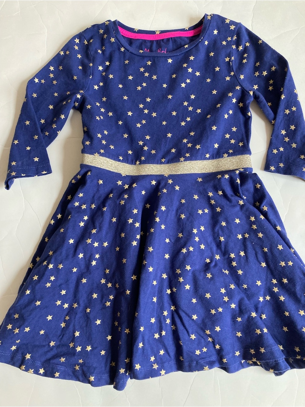 Mini boden navy gold star ribbon waist jersey dress 5 6 EUC